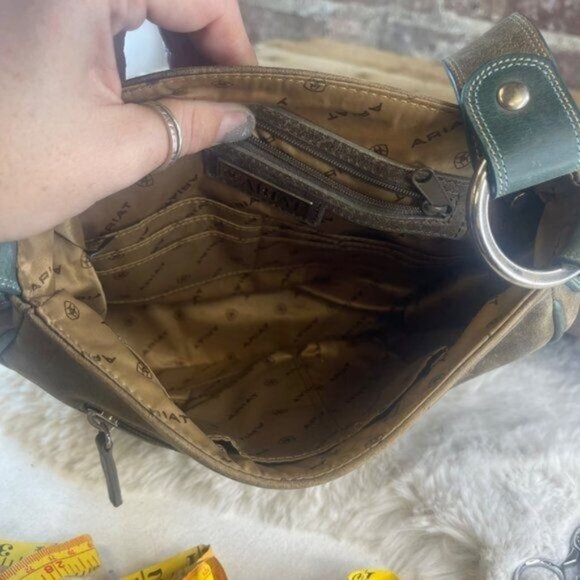 Ariat Western Teal Blue & Brown Leather Shoulder Bag Purse With Buckle Flap Clos - Picture 8 of 9